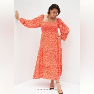 ANTHROPOLOGIE X DOLAN PRINTED SMOCKED MIDI DRESS RED MOTIF Sz Large
